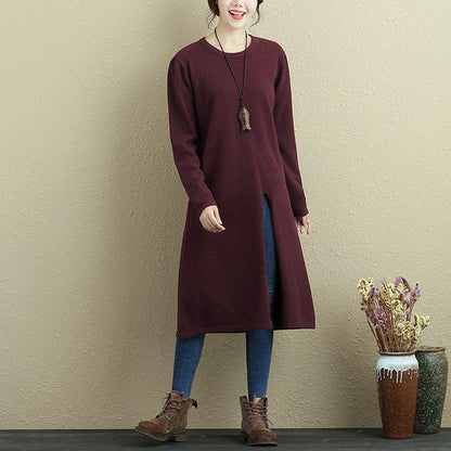 Women Autumn Long Sleeve Slit Wine Red Casual Long Shirt