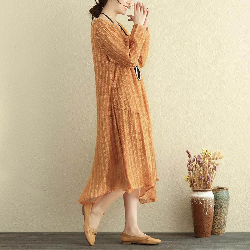 Autumn Round Neck Long Sleeve Irregular Lining Orange Women Dress