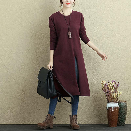 Women Autumn Long Sleeve Slit Wine Red Casual Long Shirt