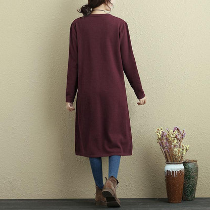 Women Autumn Long Sleeve Slit Wine Red Casual Long Shirt