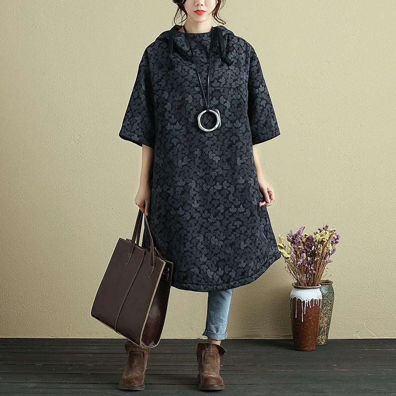 Hooded Printing Casual Loose Winter Women Black Long Pullover