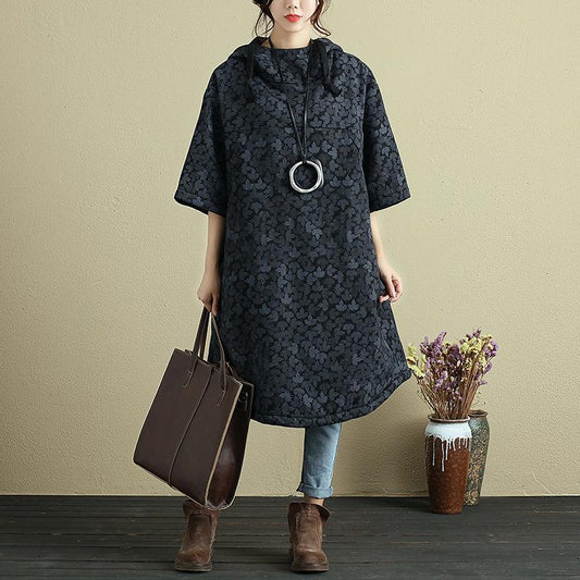 Hooded Printing Casual Loose Winter Women Black Long Pullover