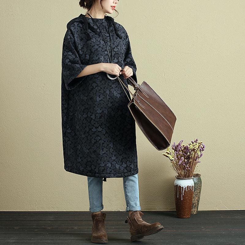 Hooded Printing Casual Loose Winter Women Black Long Pullover