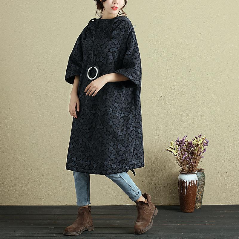 Hooded Printing Casual Loose Winter Women Black Long Pullover
