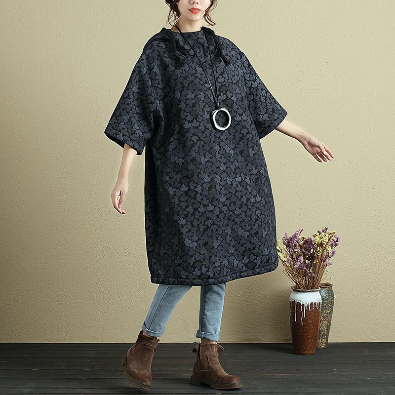 Hooded Printing Casual Loose Winter Women Black Long Pullover