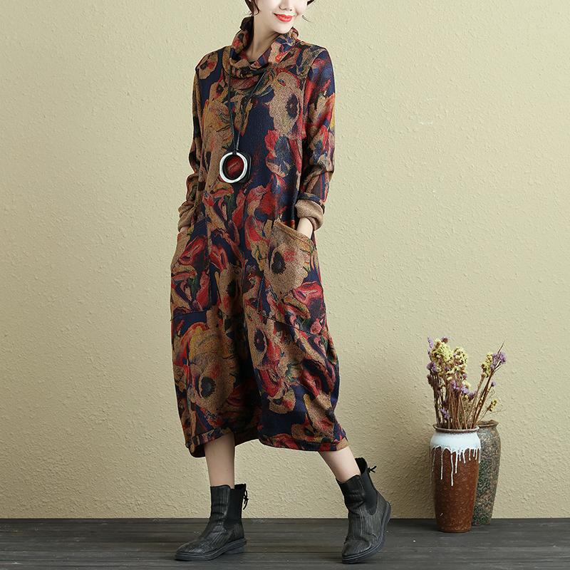 Women Retro Printing Turtleneck Long Sleeve Dress