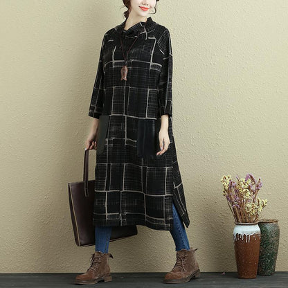 Mock Neck Three Quarter Sleeve Lattice Pockets Slit Dress