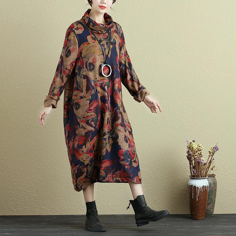 Women Retro Printing Turtleneck Long Sleeve Dress