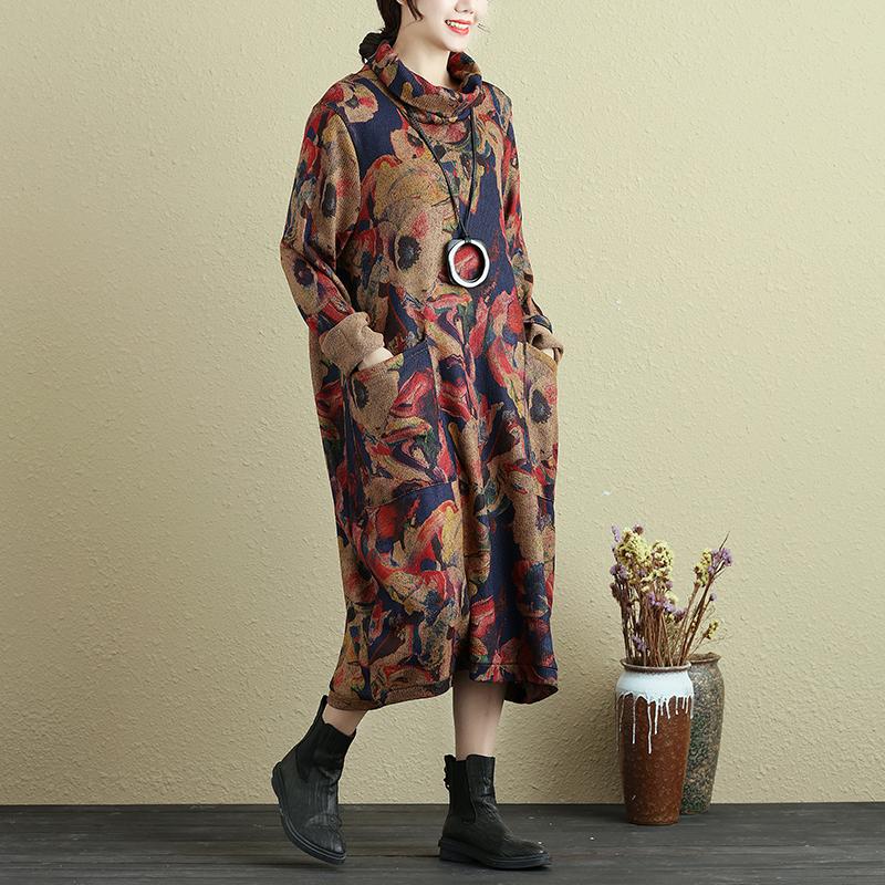 Women Retro Printing Turtleneck Long Sleeve Dress