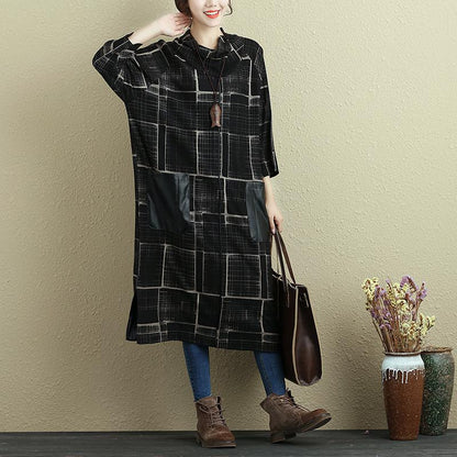 Mock Neck Three Quarter Sleeve Lattice Pockets Slit Dress