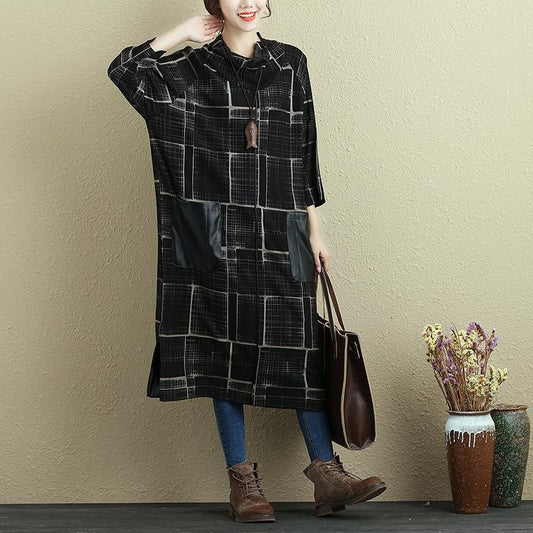 Mock Neck Three Quarter Sleeve Lattice Pockets Slit Dress