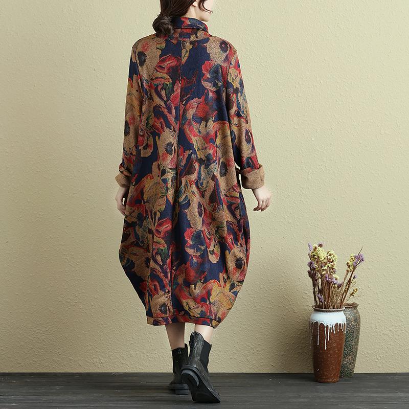 Women Retro Printing Turtleneck Long Sleeve Dress