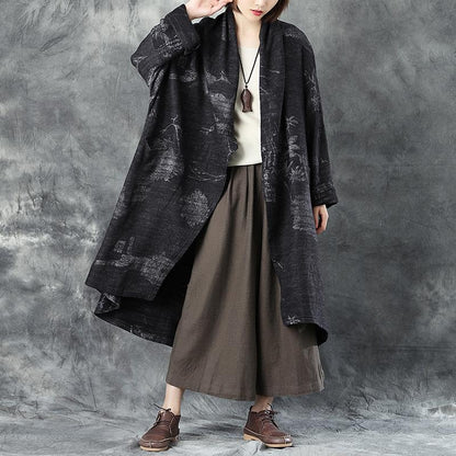Women Woolen Long Sleeve Loose Warm Cardigan Printing Coat