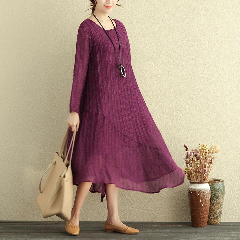 Round Neck Long Sleeve Irregular Lining Purple Women Dress