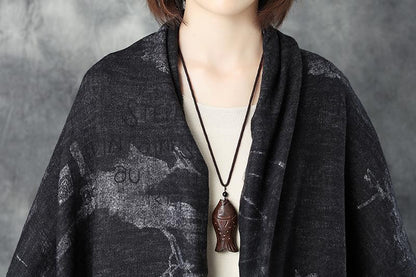 Women Woolen Long Sleeve Loose Warm Cardigan Printing Coat