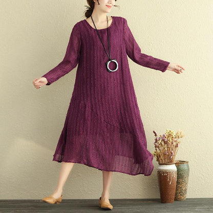 Round Neck Long Sleeve Irregular Lining Purple Women Dress