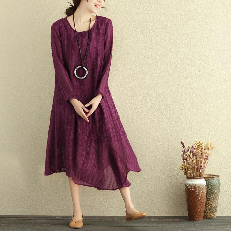 Round Neck Long Sleeve Irregular Lining Purple Women Dress