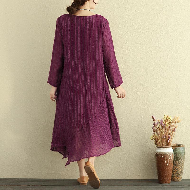 Round Neck Long Sleeve Irregular Lining Purple Women Dress