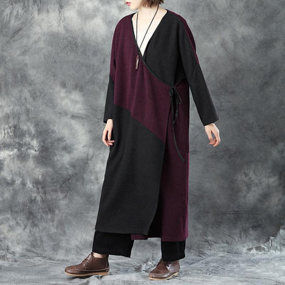 V Neck Long Sleeve Women Winter Warm Mixed Color Lacing Coat