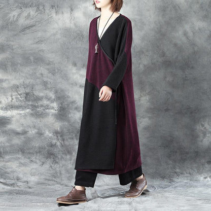 V Neck Long Sleeve Women Winter Warm Mixed Color Lacing Coat