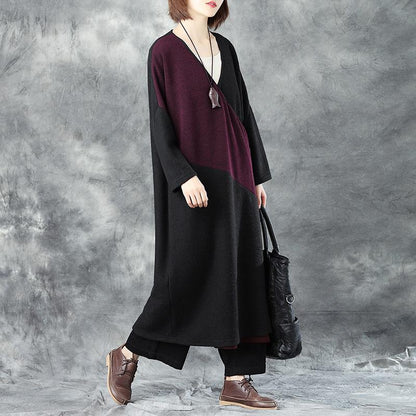 V Neck Long Sleeve Women Winter Warm Mixed Color Lacing Coat