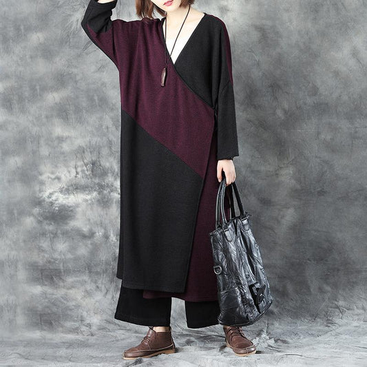 V Neck Long Sleeve Women Winter Warm Mixed Color Lacing Coat