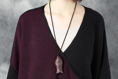 V Neck Long Sleeve Women Winter Warm Mixed Color Lacing Coat