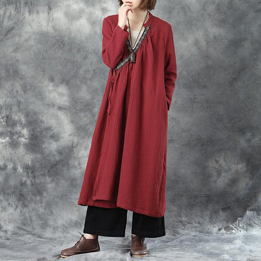 Women Splicing Embroidery V Neck Lacing Linen Red Coat