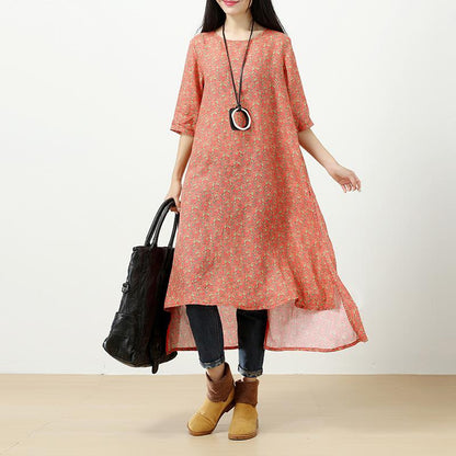 Retro Printing Side Slit Short Sleeves Linen Orange Red Women Dress