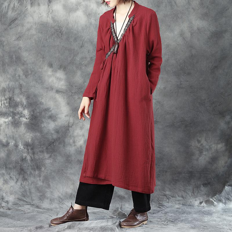 Women Splicing Embroidery V Neck Lacing Linen Red Coat