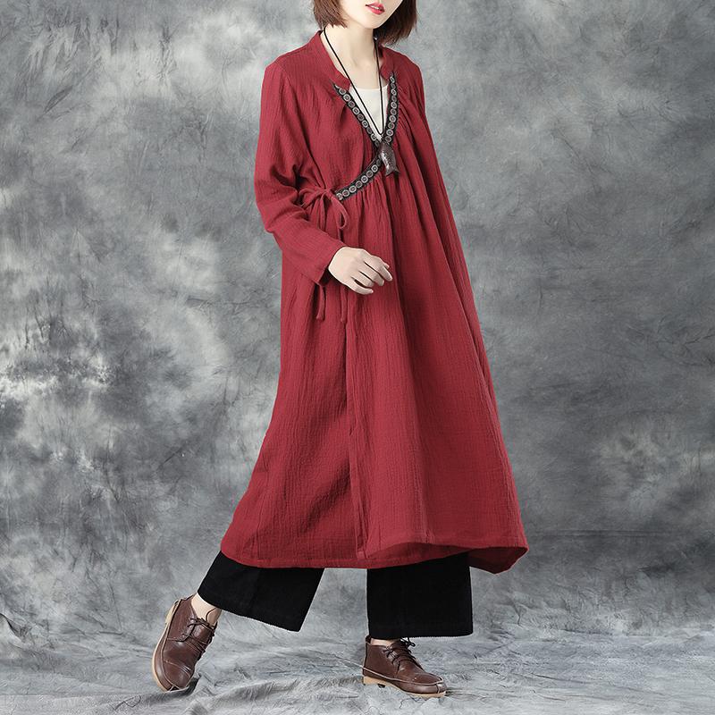 Women Splicing Delicate Emboridery Lacing Linen Red Coat