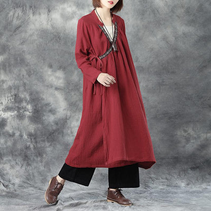 Women Splicing Embroidery V Neck Lacing Linen Red Coat