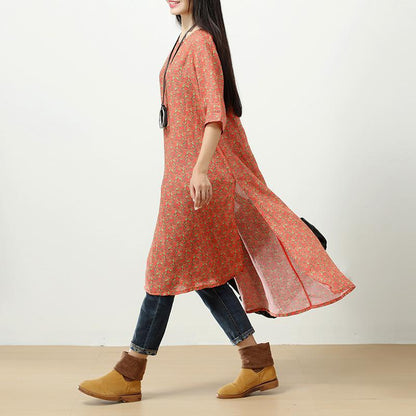 Retro Printing Side Slit Short Sleeves Linen Orange Red Women Dress