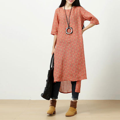 Retro Printing Side Slit Short Sleeves Linen Orange Red Women Dress