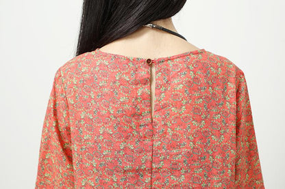Retro Printing Side Slit Short Sleeves Linen Orange Red Women Dress
