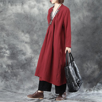 Women Splicing Embroidery V Neck Lacing Linen Red Coat