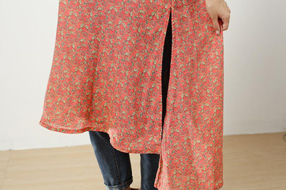 Retro Printing Side Slit Short Sleeves Linen Orange Red Women Dress