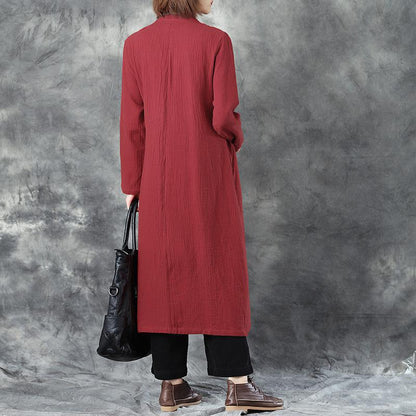 Women Splicing Delicate Emboridery Lacing Linen Red Coat