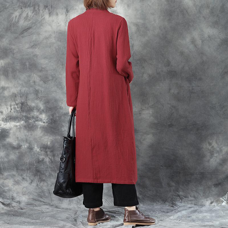Women Splicing Embroidery V Neck Lacing Linen Red Coat