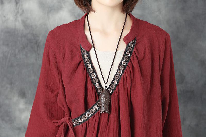 Women Splicing Delicate Emboridery Lacing Linen Red Coat