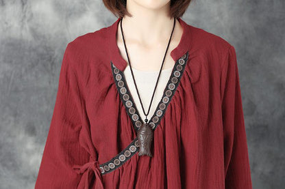 Women Splicing Embroidery V Neck Lacing Linen Red Coat