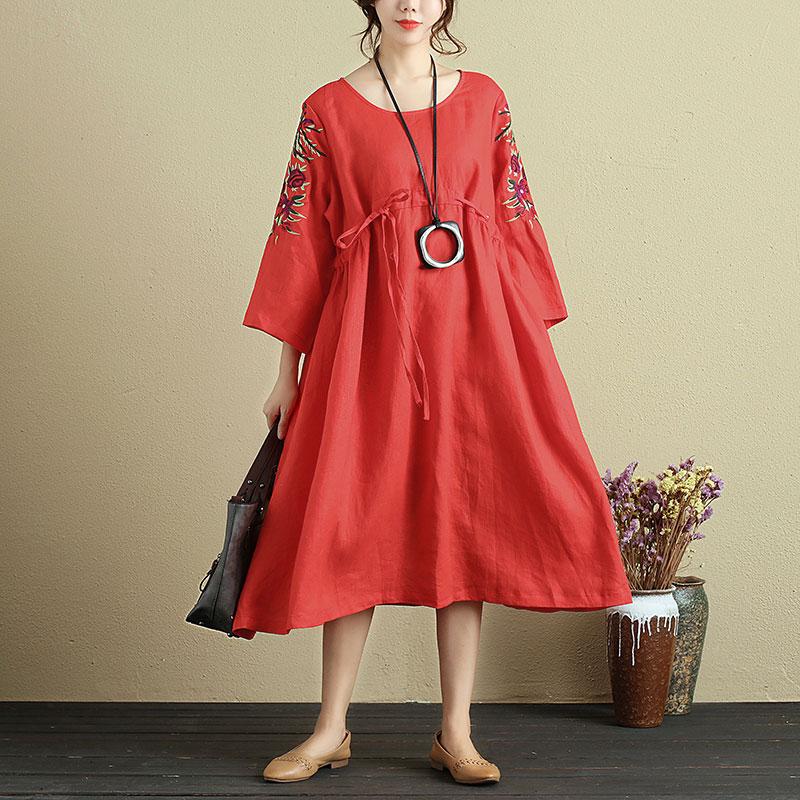 Women Embroidery Loose Three Quarter Sleeve Lacing Dress