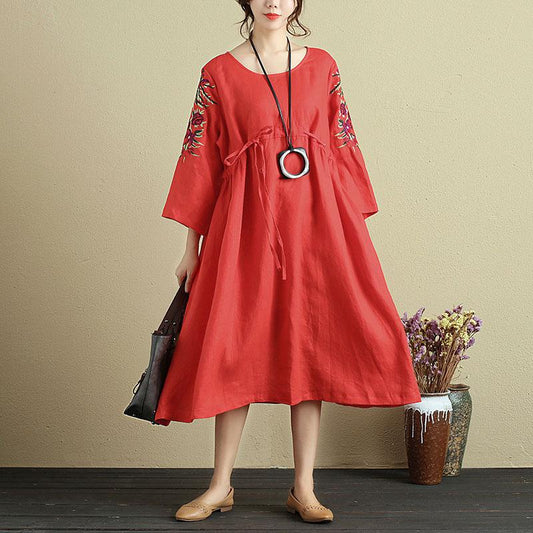 Women Embroidery Loose Three Quarter Sleeve Lacing Dress