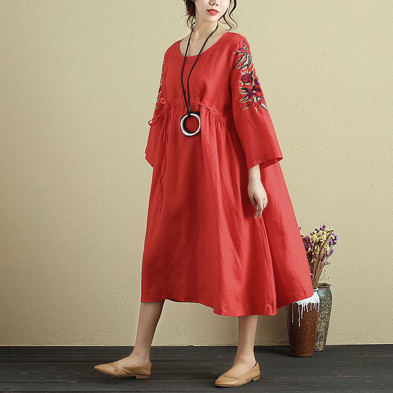 Women Embroidery Loose Three Quarter Sleeve Lacing Dress