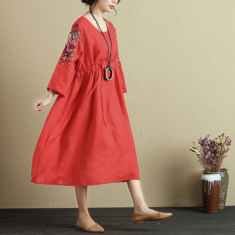 Women Embroidery Loose Three Quarter Sleeve Lacing Dress
