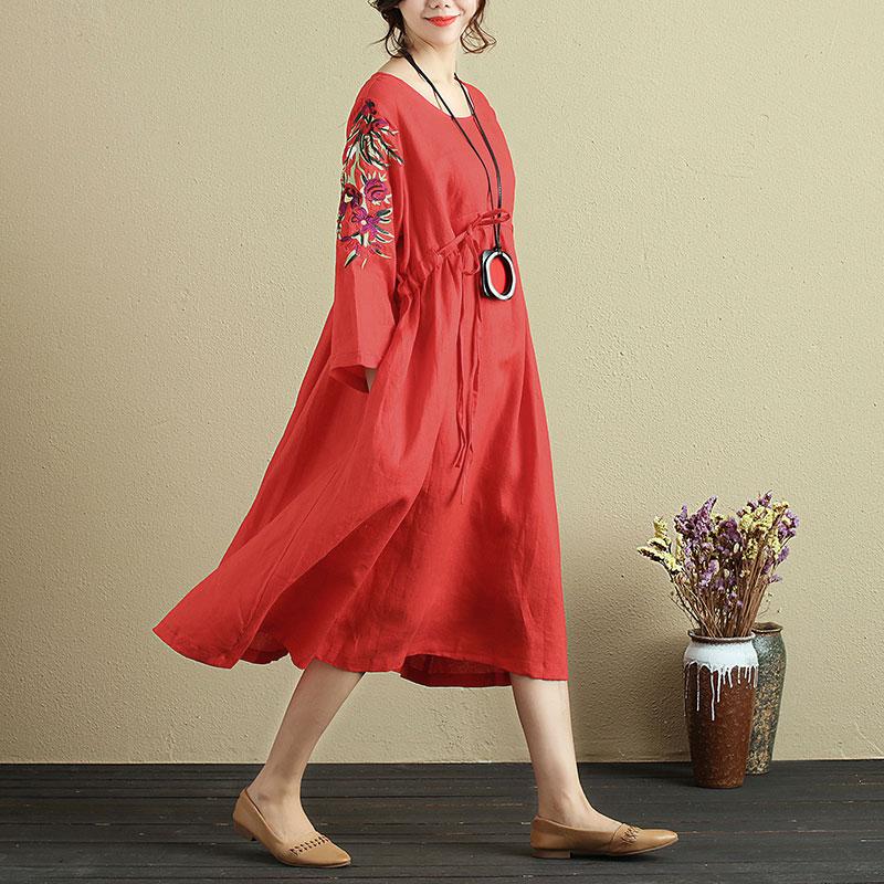 Women Embroidery Loose Three Quarter Sleeve Lacing Dress
