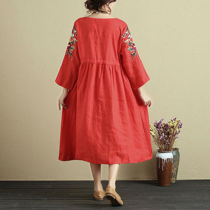 Women Embroidery Loose Three Quarter Sleeve Lacing Dress