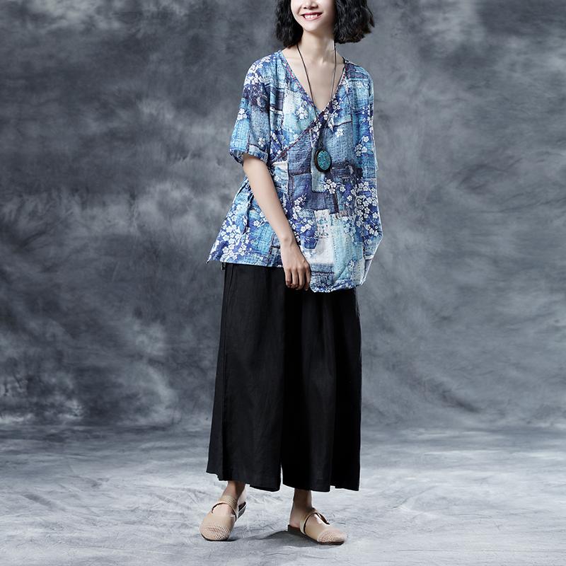 Floral Loose Summer V-Neck Short Sleeve Blue Lacing Blouse