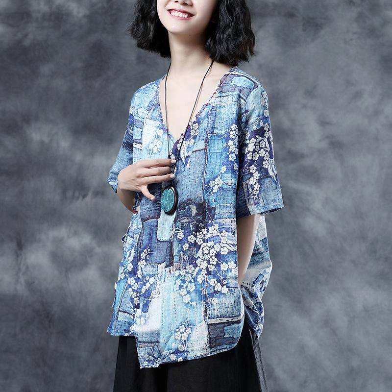 Floral Loose Summer V-Neck Short Sleeve Blue Lacing Blouse