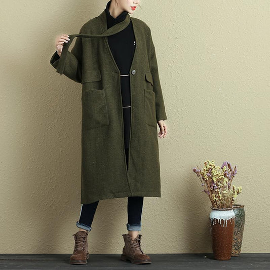Women Long Sleeve Pockets Button Slit Green Coat